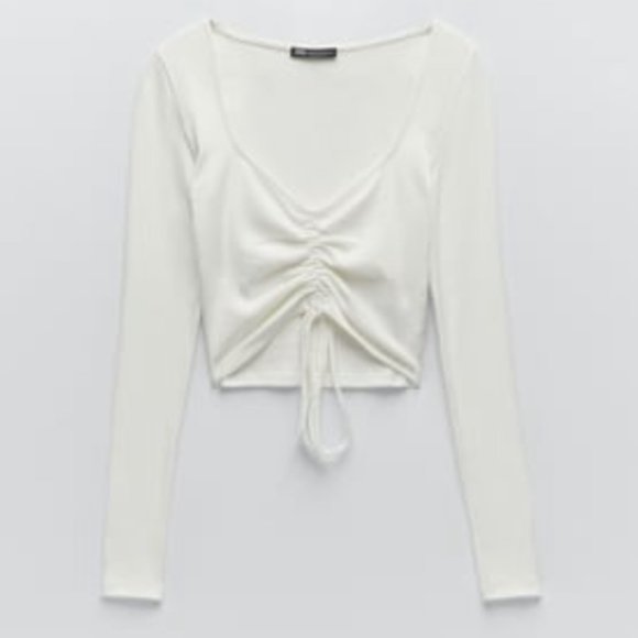 Ruched Ribbed Front Tie Long Sleeve Top - Picture 2 of 6